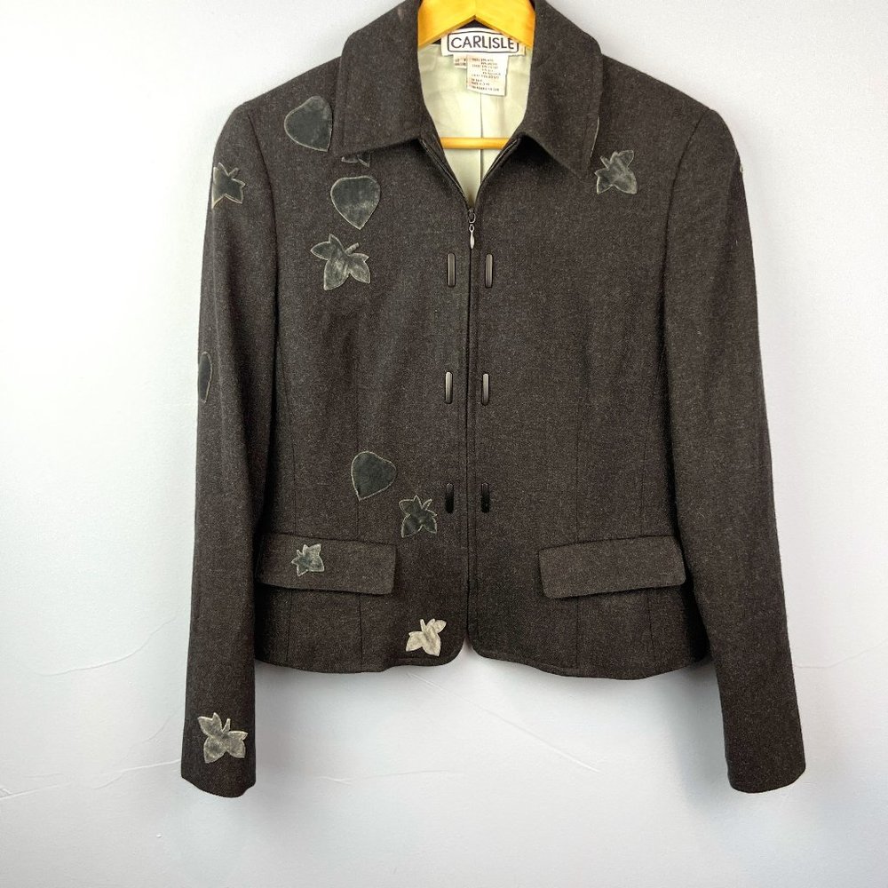 Vintage Carlisle Charcoal Gray Wool Blend Jacket Velvet Appliqué Size 8‎